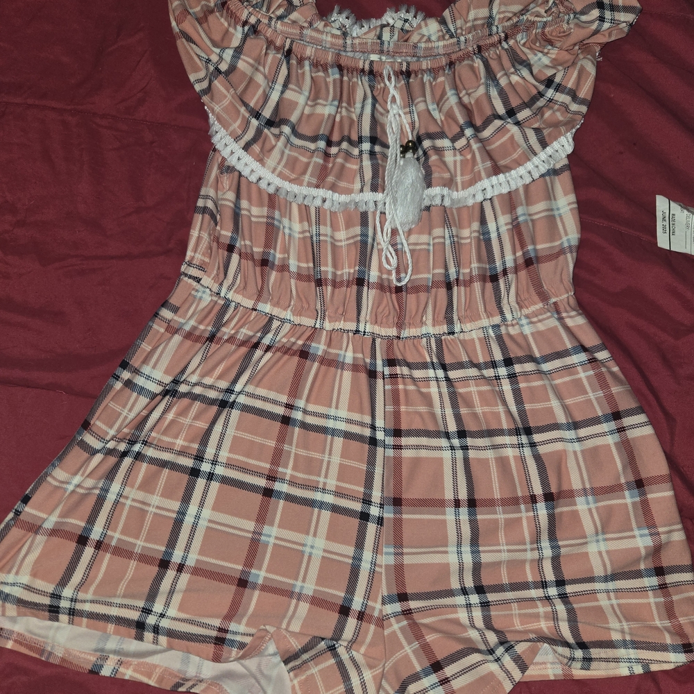 Off-Shoulder Plaid Romper in Peach